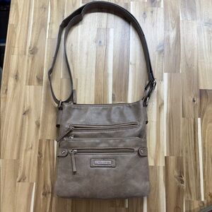 Tan Crossbody Bag with Multiple Zippers